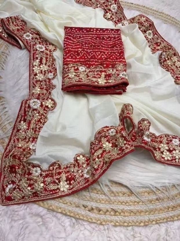 Hartik Fashion Solid/Plain Bollywood Chiffon Saree(White)