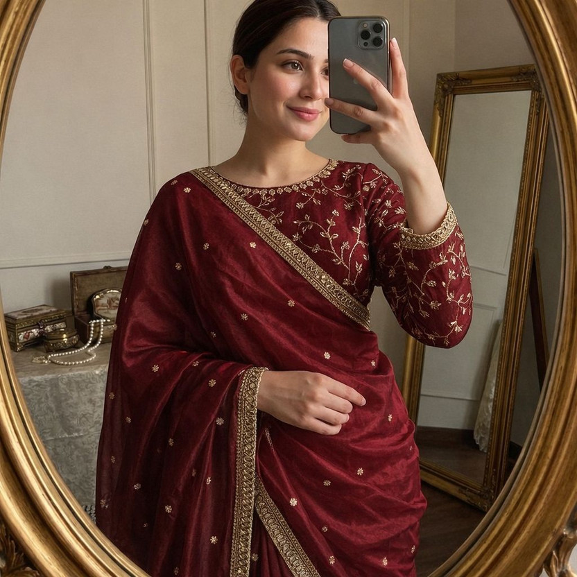 sadika sadika Embroidered, Embellished Bollywood Jimmy Jimmy Saree(Maroon) - Flipkart Deal
