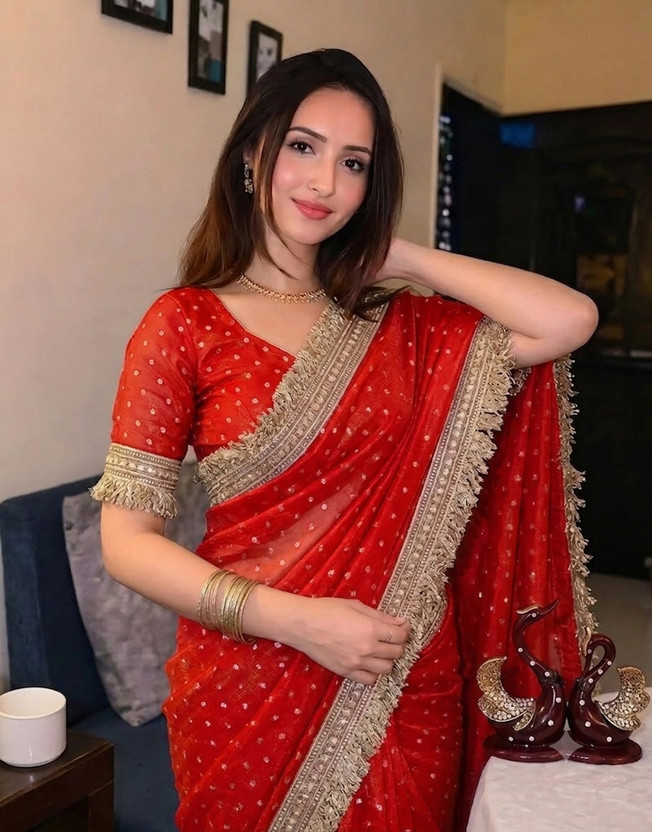 Fashion Filament – Live Your Fashion Embroidered Bollywood Chiffon Saree(Red)