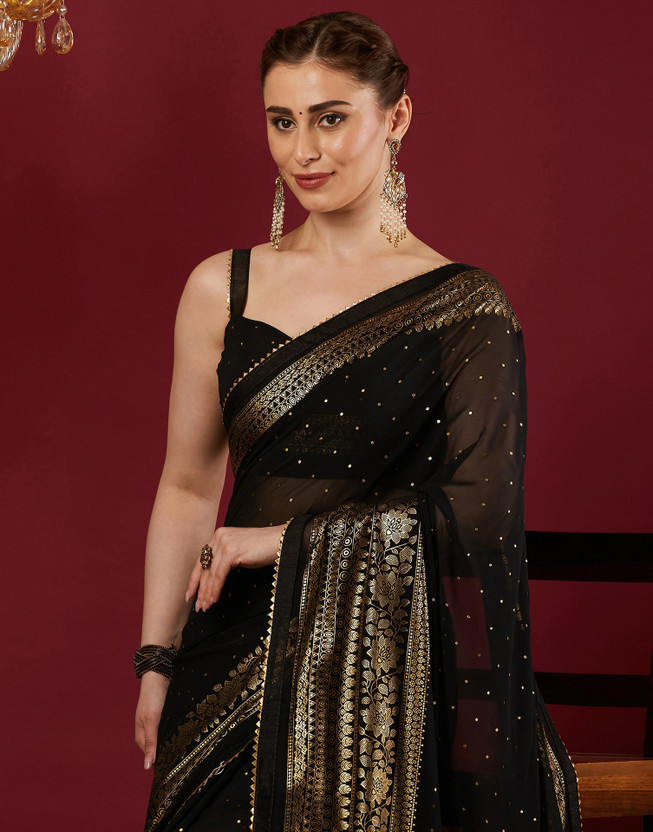Samah Printed, Embellished Bollywood Georgette Saree(Black)