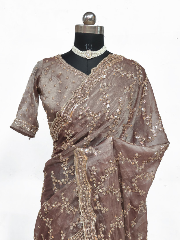 GEZREL Embroidered Bollywood Organza Saree(Brown)