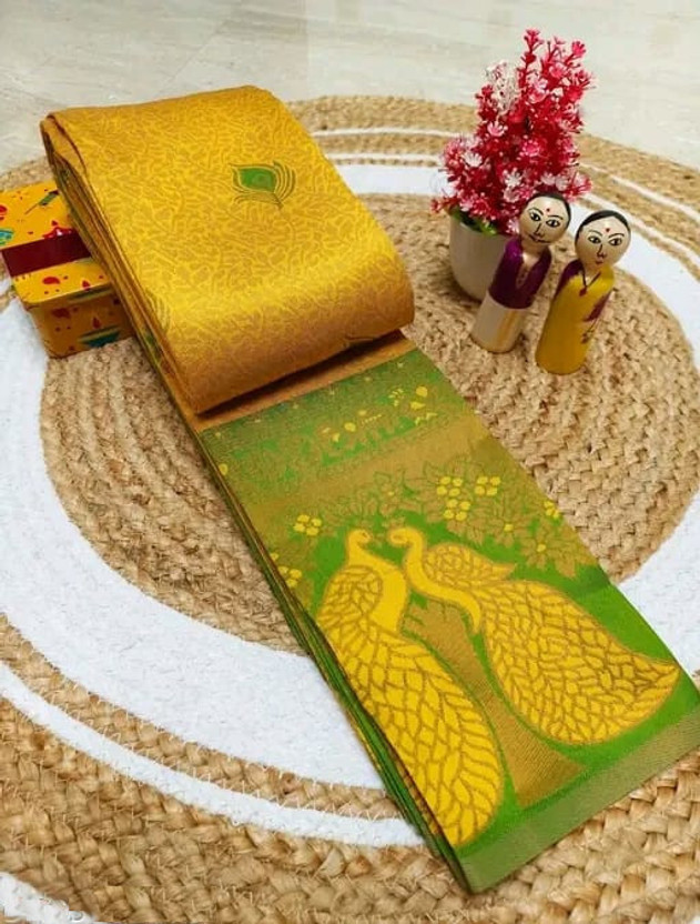 KanjiQueen Woven Kanjivaram Silk Blend, Pure Silk Saree(Yellow, Green)