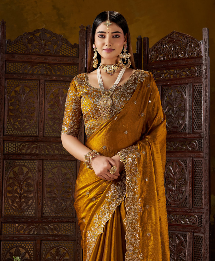 Vivan Fab Embroidered Bollywood Jimmy Jimmy, Satin Saree(Gold)