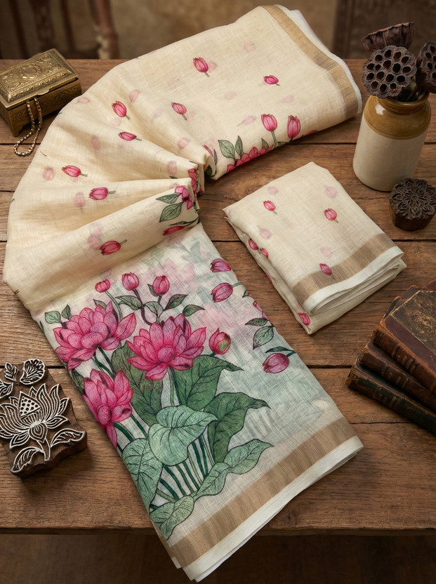 KASTURILUX Floral Print Bollywood Linen Saree(Cream)