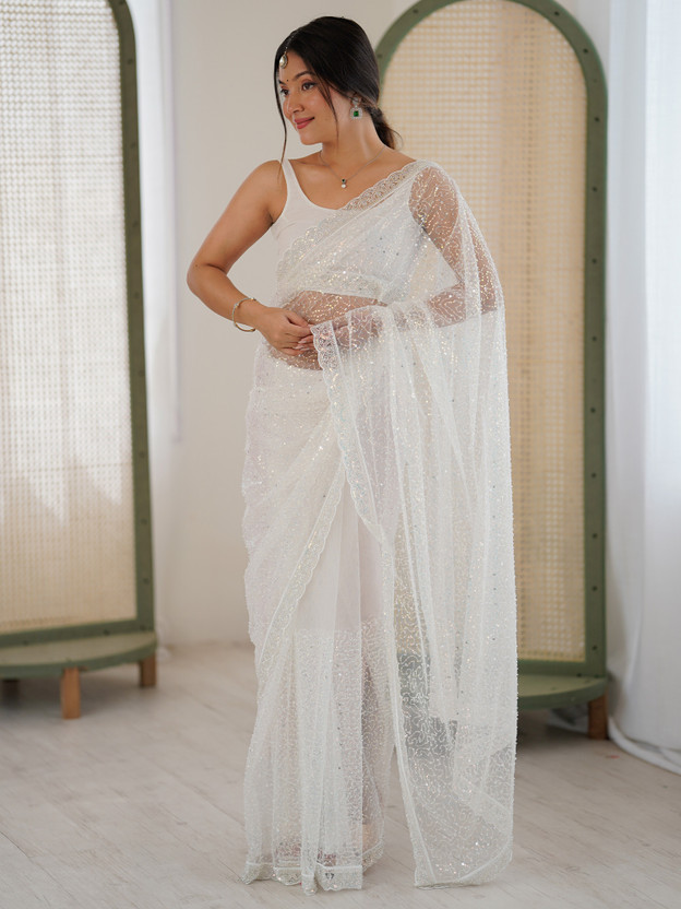 ANOUK Embellished Bollywood Net Saree(White)