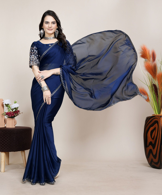 V AMAN FASHION Embroidered Bollywood Silk Blend Saree(Dark Blue)