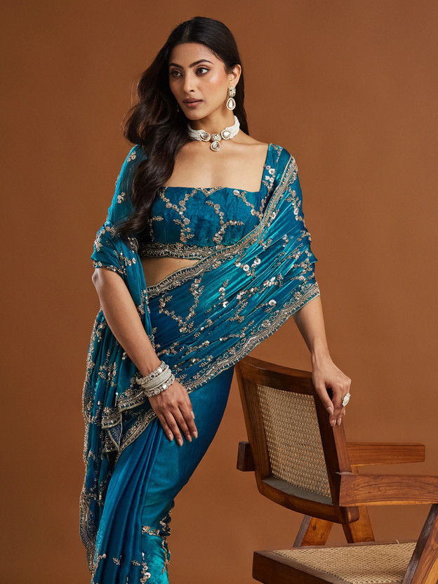 Riddhi textile Hub Embroidered Bollywood Silk Blend Saree(Blue)