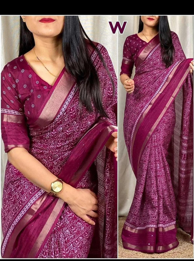 Ridham Printed Kalamkari Silk Blend Saree(Purple)