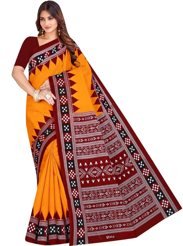 ARTFULTHREADS Woven, Geometric Print Sambalpuri Pure Cotton Saree(Yellow)