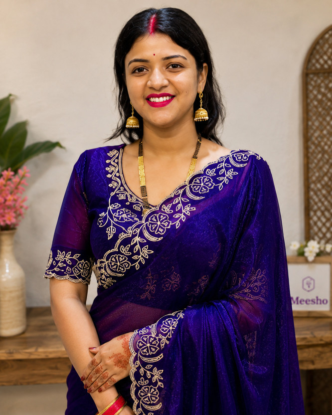 HIJA TRENDZ Embellished Bollywood Chiffon Saree(Purple)
