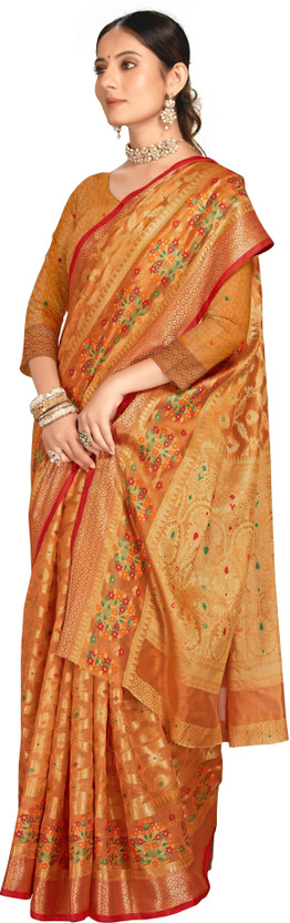 M.S.RETAIL Woven Banarasi Organza Saree(Orange)