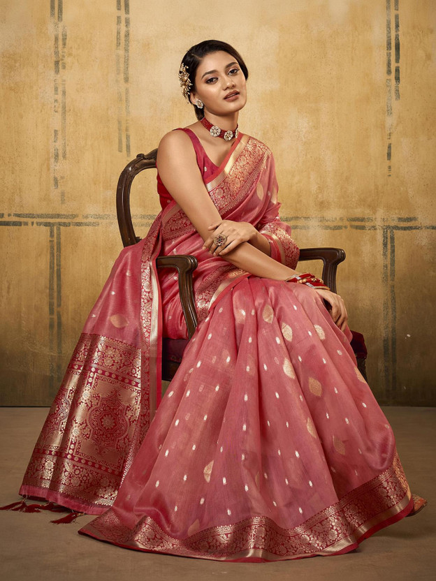 Satrani Self Design, Woven, Embellished Banarasi Cotton Silk, Silk Blend Saree(Pink, Multicolor)