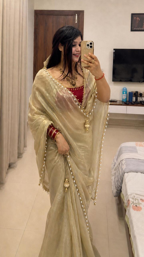 Jay Bajrang Fashion Embellished Bollywood Tissue, Satin Saree(Gold, Maroon)