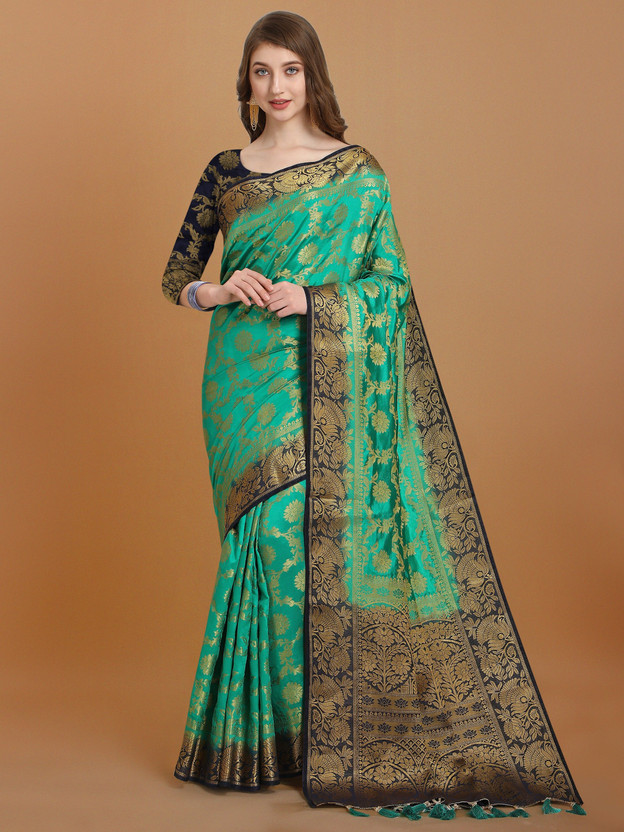 COSBILA FASHION Woven Banarasi Cotton Silk Saree(Green, Blue)