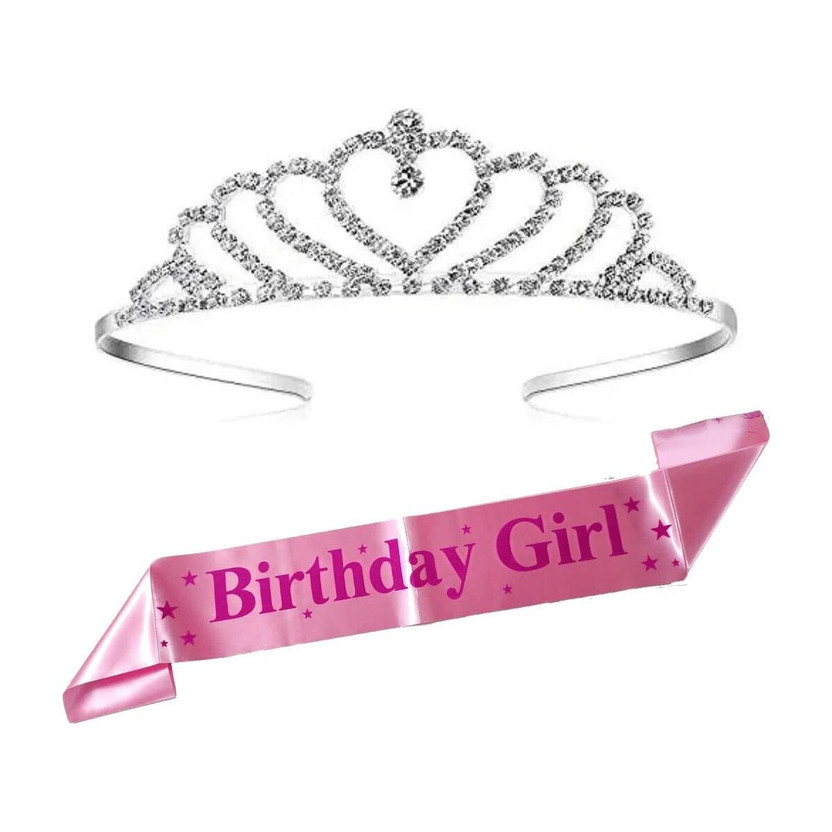 Unique Creations Birthday Girl Pink Sash with Beautiful Rhinstone Tiara Crown Set with Safety Pin