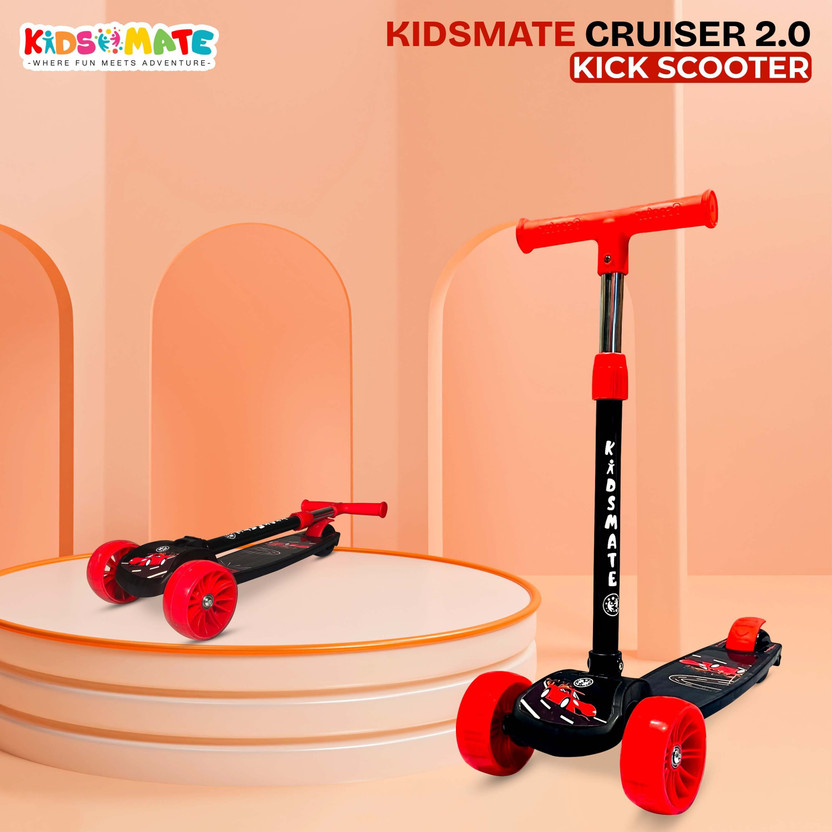 Kidsmate Cruiser 2.0 Foldable 3-Wheel Kick Scooter for Kids | 5-Level Adjustable Height Kids Scooter(Black, Red, Pack of 1)