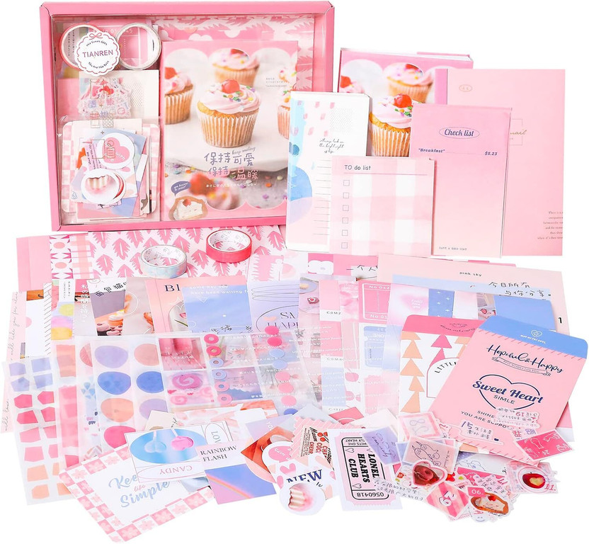 ZORIADA 346pcs Journal Sweet Pink Kit Vintage Scrapbook Stickers Pack for Art Journaling Theme,  Scrapbook Kit(DIY)
