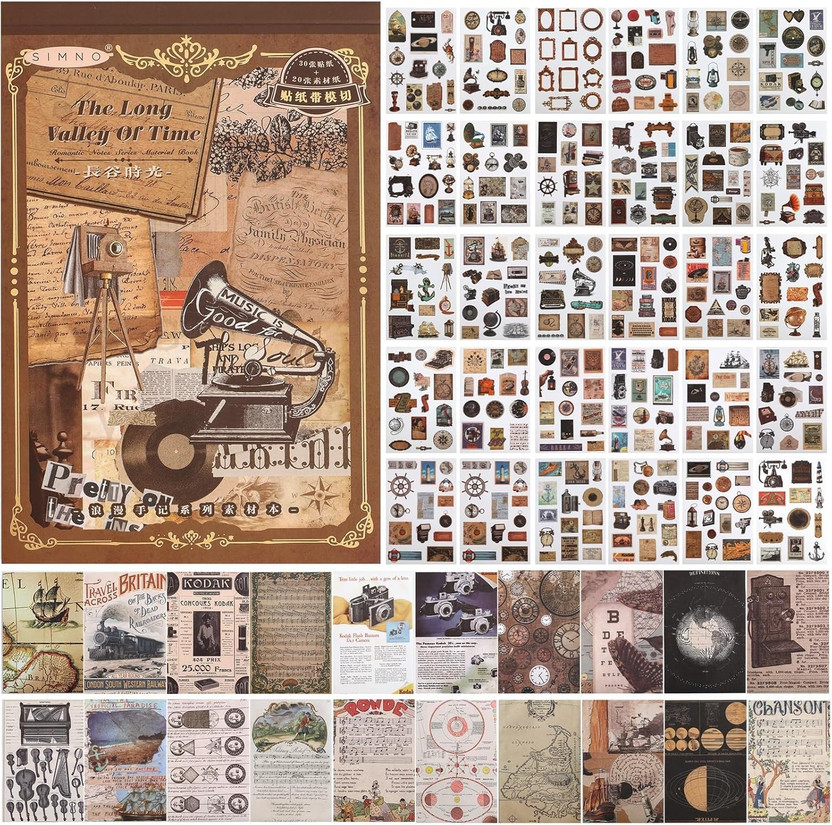 ZORIADA 2 inch 412Pc Vintage Aesthetic StickerBook, for Bullet Journaling Junk Journal Supplies Self Adhesive Sticker(Pack of 1)