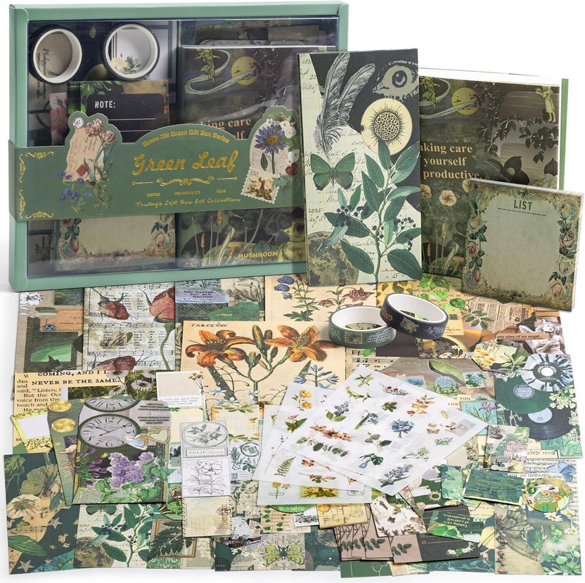 TATSAM 346pcs Aesthetic Journal Supplies Kit, Perfect for Gifting, Green Nature Theme,  Scrapbook Kit(DIY)