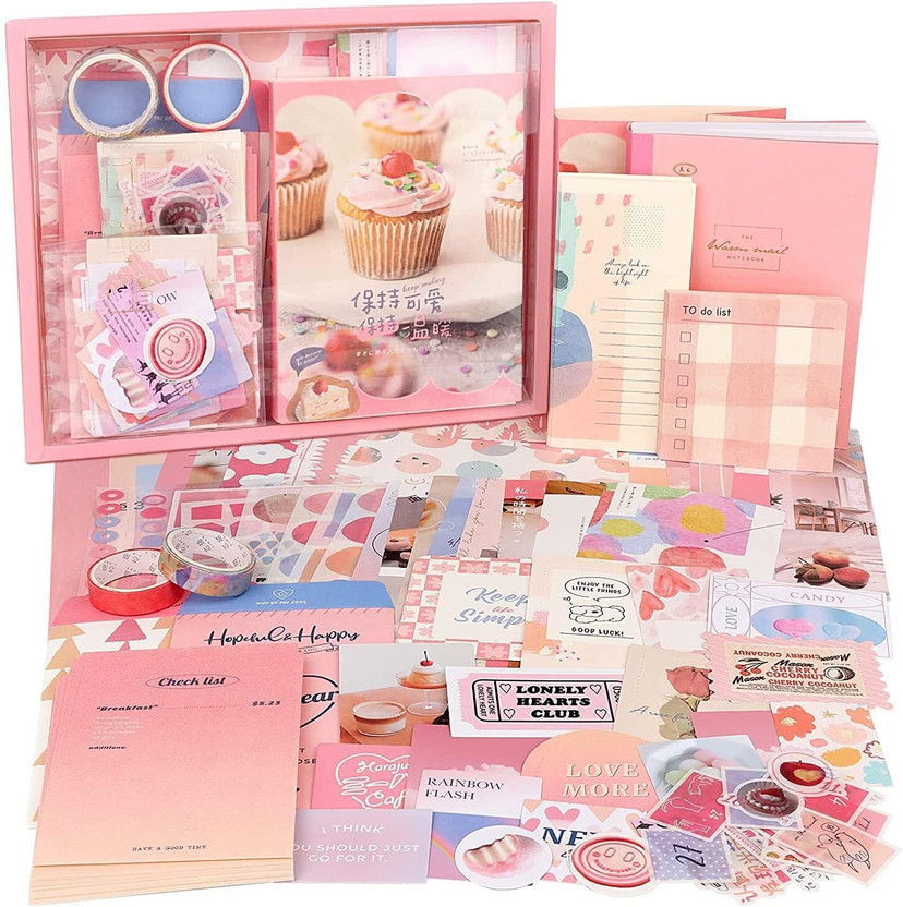 LANLOY 346pcs Aesthetic Journal Supplies Kit, Perfect for Gifting, Pink Ice Ceam Theme,  Scrapbook Kit(DIY)