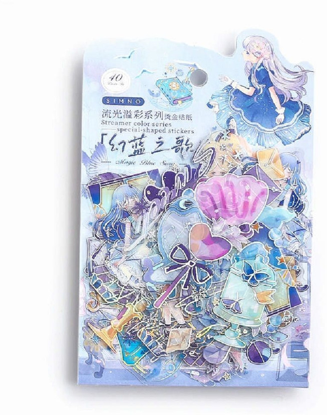 Digi Online 40 Pieces/Pack PET Stickers Set Journal Supplies for Scrapbook (Magic Blue Song) Theme,  Scrapbook Kit(DIY)