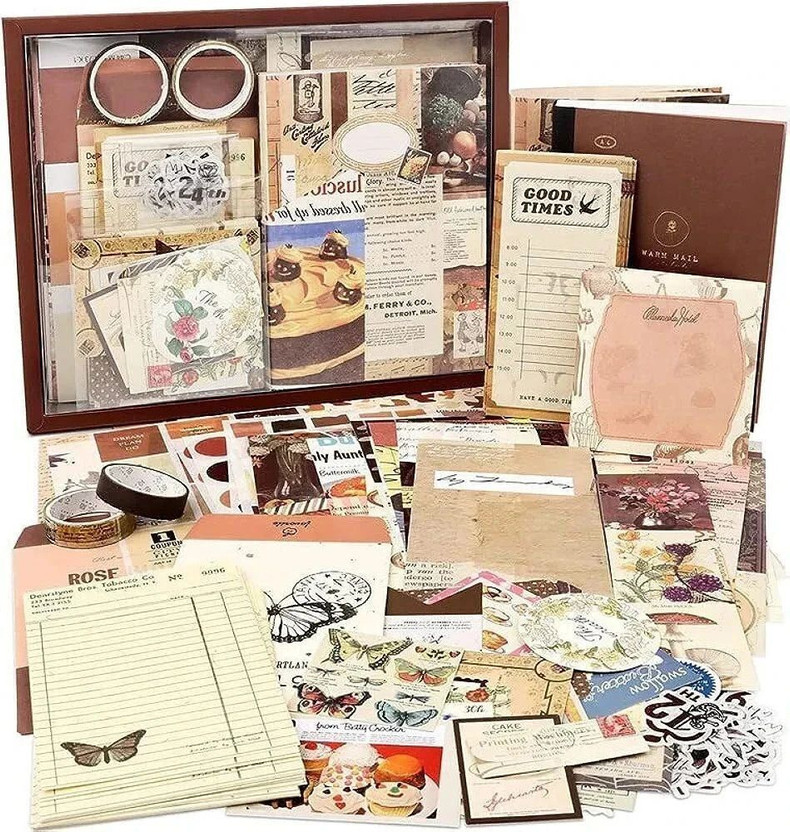 SANCORP 346pc Vintage Aesthetic Scrapbook Kit with Antique Papers, Stickers, WashiTape. Theme,  Scrapbook Kit(DIY)