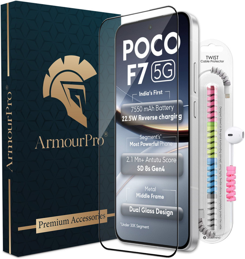 ArmourPro Edge To Edge Tempered Glass for Poco F7 5G, Poco F7, Tempered Glass With Cable Protector(Pack of 1)