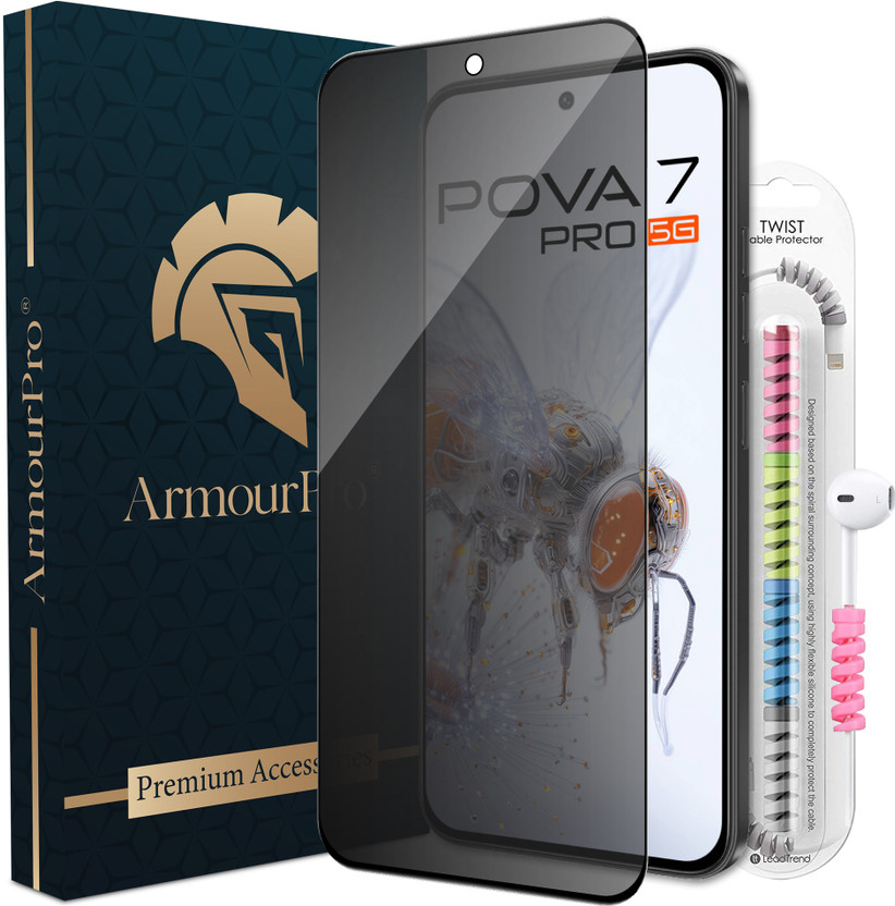 ArmourPro Edge To Edge Tempered Glass for Tecno Pova 7 Pro 5G, Pova 7 Pro, Privacy Anti Spy Protection Glass with Cable Protector(Pack of 1)