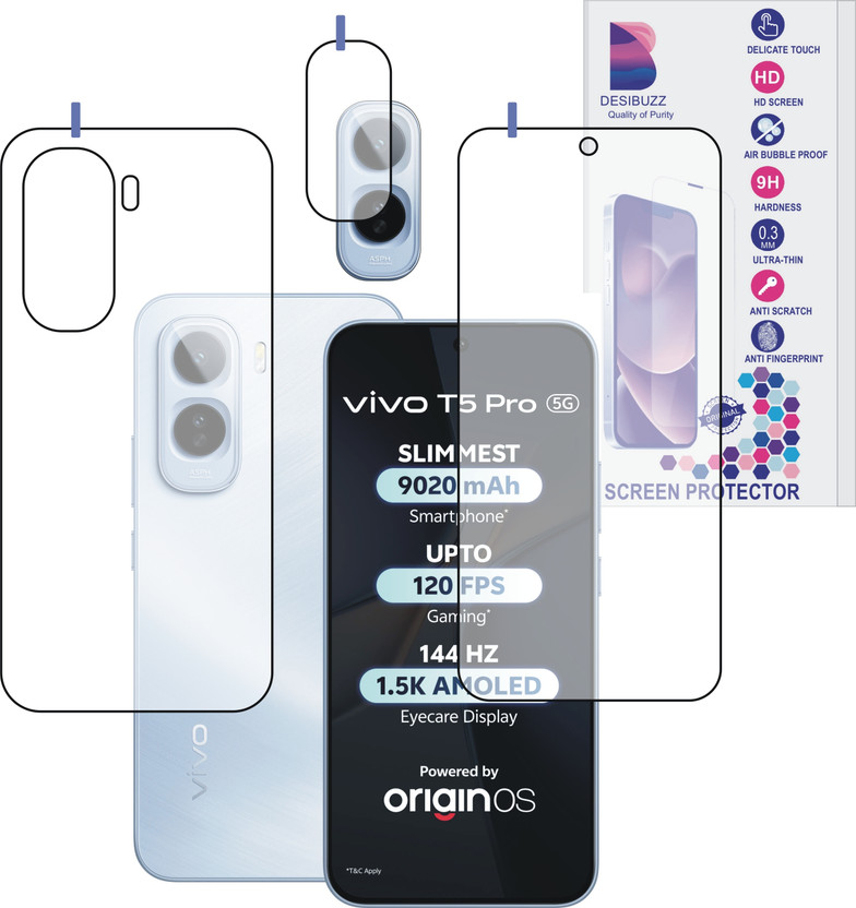 DESIBUZZ Front and Back Tempered Glass for vivo T5 Pro 5G, vivo T5 Pro 5G camera lens protectors, (Flexible)(Pack of 3)