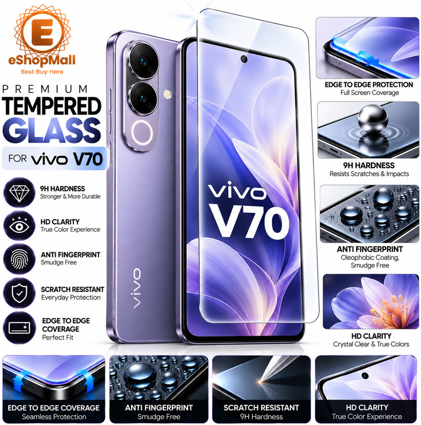 eShopMall Tempered Glass Guard for vivo V70, Military grade Edge to Edge Premium gorilla glass with Self Installation Guide - Wet & Dry wipes, Dust Absorber [With Warranty](Pack of 3)