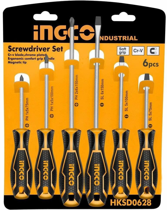 INGCO Industrial Premium Pro-Grade Screwdriver Set with Custom Ergonomic Handle Design - Driver Bits Crafted of Durable Corrosion-Resistant CR-V Steel 6 Pcs. Combination Screwdriver Set(Pack of 6)