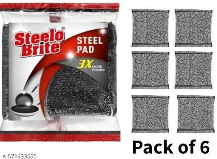 steelo Brite 3X Steel Scrub - Stainless Steel Utensil Dish wash, Black Steel Scrubber Pad Scrub Pad(Regular, Pack of 6)