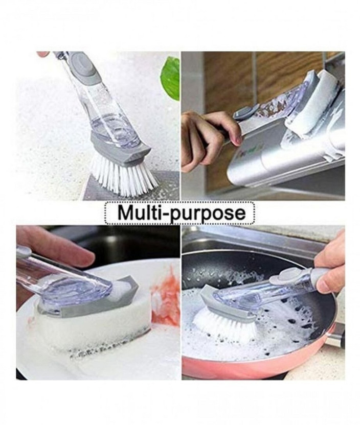 i k international Decontamination Kitchen Cleaning Brush Scrubber Dish Bowl Washing Sponge with Refill Liquid Soap Dispenser Plastic Wet and Dry Automatically Pot Cleaner Tool Scrub Pad Silicone Dishwashing, 100% Food Grade - Wash Pot/Pan Bowl/Washing Fruit Vegetable Glass Washer Double Sided Bristl