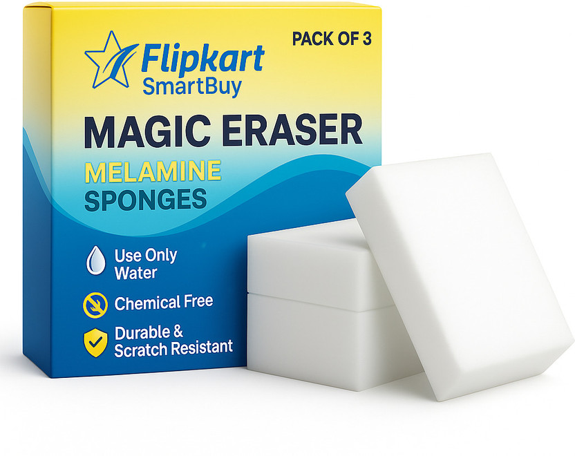 Flipkart SmartBuy Magic Eraser Cleaning Pads Heavy Duty Stain Remover for Kitchen, Walls, Bathroom Scrub Sponge(Medium, Pack of 3)