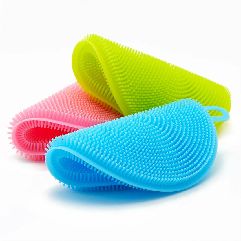 SEASPIRIT Silicone Washing Sponge Silicone Dish Scrubber Fruit and Vegetable Washing Brush Round Scrubber Pad Multipurpose Silicone Dishwashing Tools for Kitchen Scrub Pad(Regular, Pack of 3)