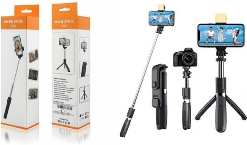 PhoneziOnline R1S Extendable Selfie Stick Tripod with Phone Mount, Black, Portable, Adjustable Height, Wireless Remote Control, for Smartphone Photography Bluetooth Selfie Stick(Black, Remote Included)