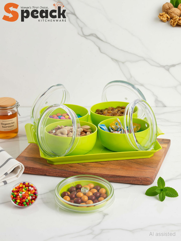 SPEACK SPEACK Woman's 1st Choice Serving Set | Bowl | Bowl Set | Airtight Container With Tray And Lid For | Aachar | Pickle | Salad | Dryfruit | Dessert | Snacks | Chocolate | Candy | Masala Bowl, Tray Serving Set(Pack of 5) - Flipkart Deal