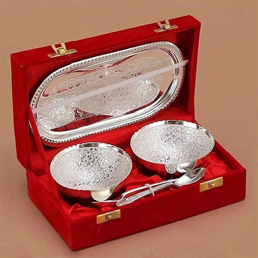 Wanzhow German Silver Plated Bowl Set Bowl, Spoon, Tray Serving Set(Pack of 1)