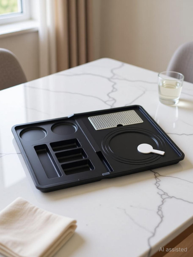Showkeeen FP-Premium Hotel Room Kettle Tray, Black ABS Plastic, Square with Compartments Tray Serving Set(Pack of 1)