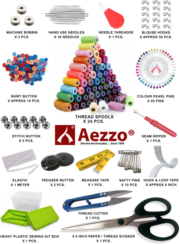 Aezzo Sewing Kit Double Layer Multipurpose Tailoring Sewing Kit Box with all Accessories like 300 Meter Thread Spool, Needle Compact, Thread Cutter, Measure Tape, Dress & Trouser Hook, Bobbins, Shirt Buttons, Seam Ripper, Scissor, Pearl Pin etc. with Heavy, Durable and Flexible Transparent Plastic S