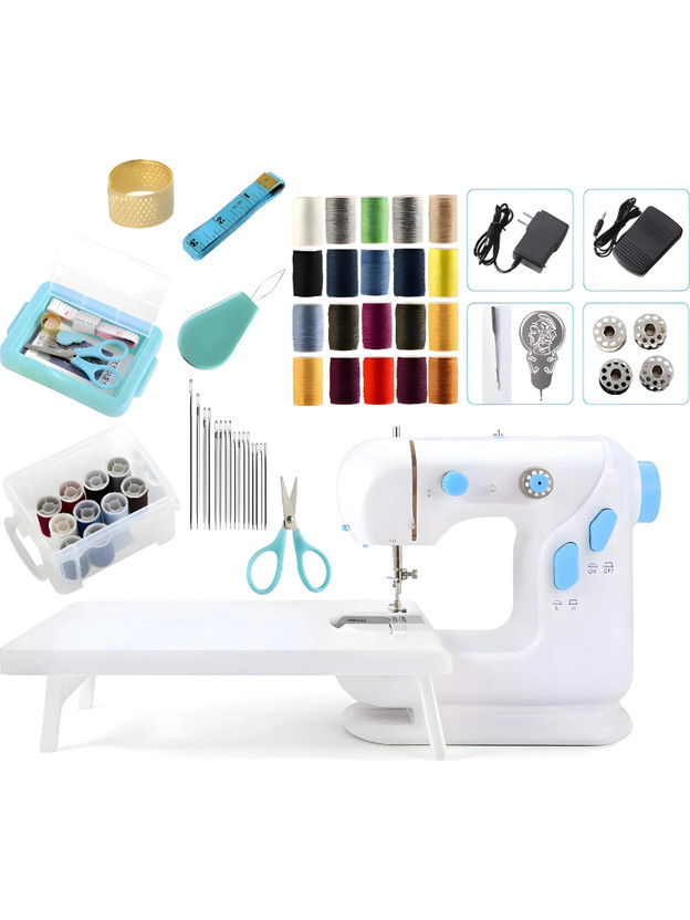 Onshoppy Multifunctional Sewing Machine with Extension Table & Sewing Kit for Beginners Electric Sewing Machine 2 built-in stitches 400 SPM White, Blue