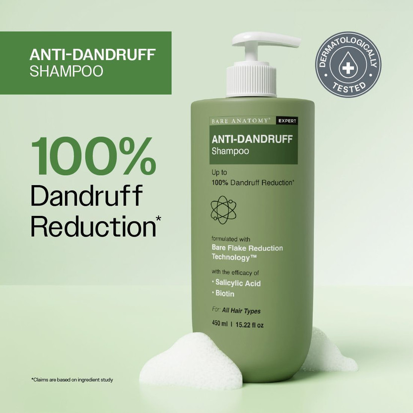 BARE ANATOMY Anti-Dandruff Shampoo - Upto 100% Dandruff Reduction | Salicylic Acid, Biotin(450 ml)