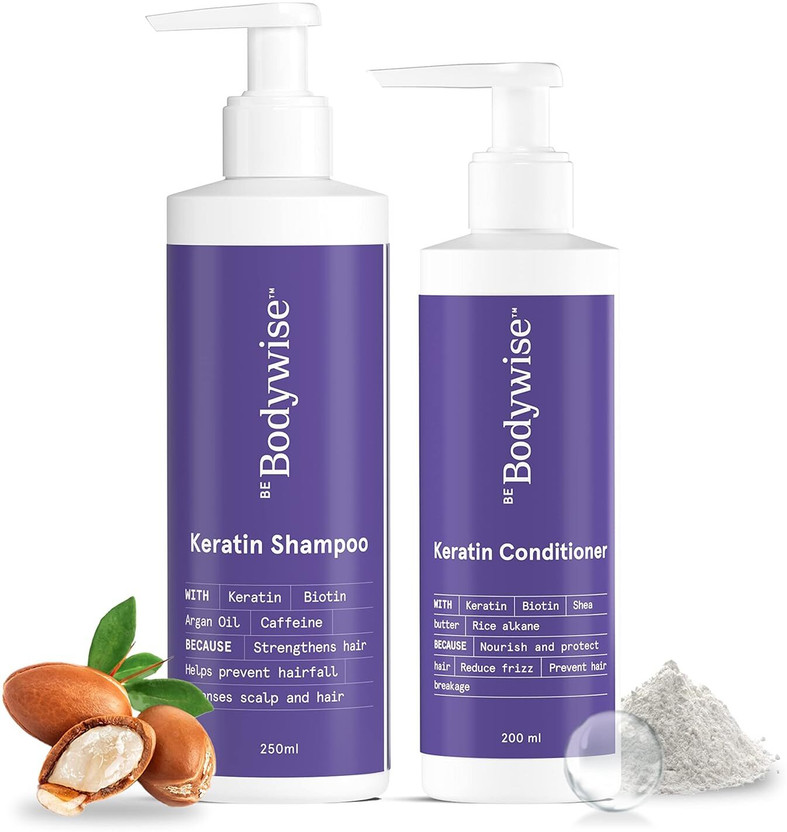 Be Bodywise Keratin Anti Hair Fall Shampoo 250ml | Argan Oil & Biotin Hair Conditioner 200ml(450 ml)