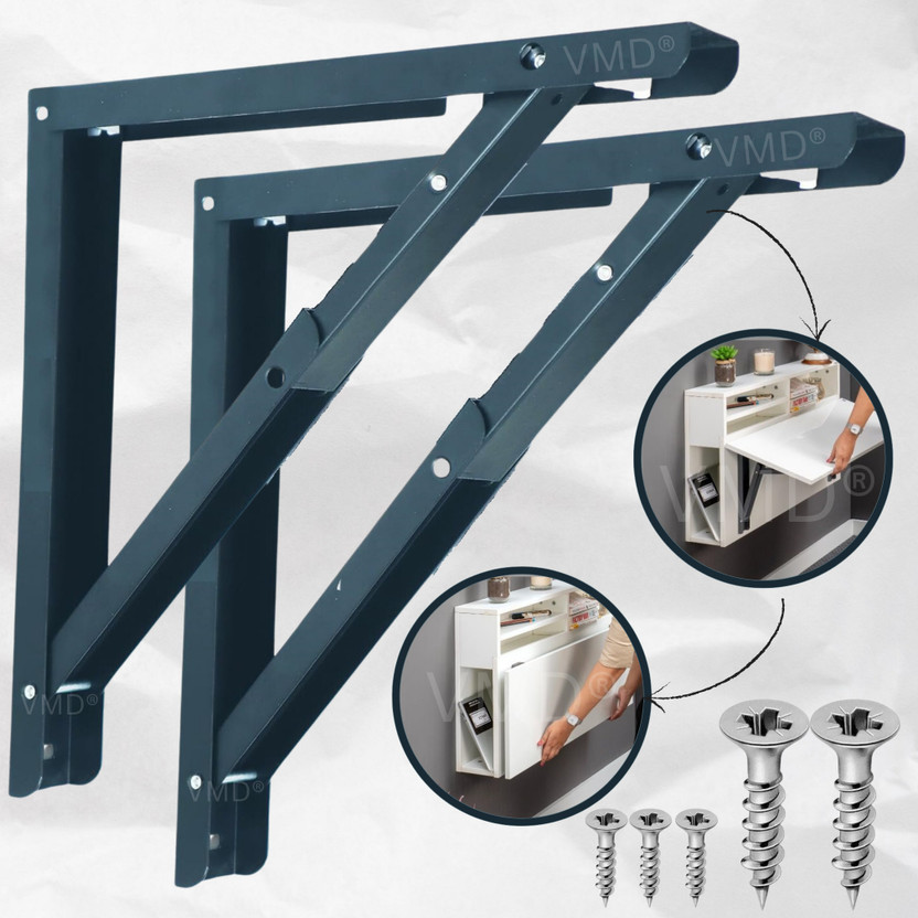 Vmd Heavy Duty 16" (Grey) Foldable Table Bracket, DIY Folding Shelves, l Bracket, Wall Angle Bracket, Folding Table Bracket with Fitting for fold Down (Pack of 2) Shelf Bracket(Stainless Steel)