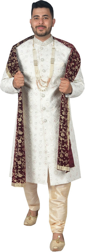 Diamond Style Men’s White Embroidered Sherwani with Pajama, Maroon Dupatta & Mala Embroidered Sherwani