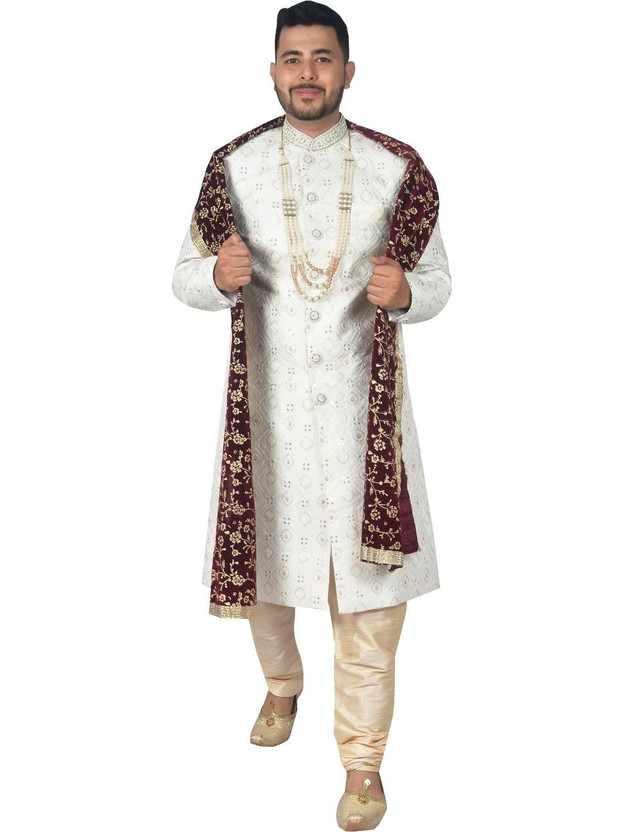 Diamond Diamond Style Men’s White Embroidered Sherwani with Pajama, Maroon Dupatta & Mala Embroidered Sherwani - Flipkart Deal