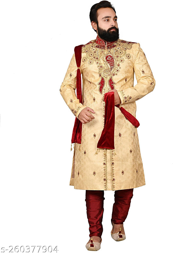 Diamond Diamond Style Golden Sherwani Set with Maroon Pajama & Dupatta | Wedding & Reception Wear Embroidered Sherwani - Flipkart Deal