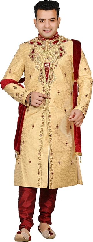 Diamond Diamond Style Golden Sherwani Set with Maroon Pajama & Dupatta | Wedding & Reception Wear Embroidered Sherwani - Flipkart Deal