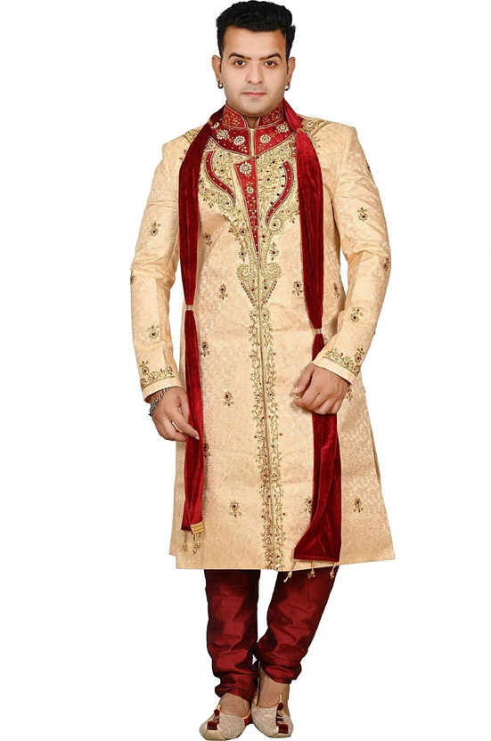 Diamond Style Golden Sherwani Set with Maroon Pajama & Dupatta | Wedding & Reception Wear Embroidered Sherwani