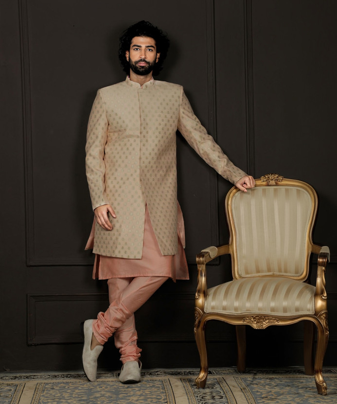 VASTRAMAY Silk Blend Jacquard Indo Western, Kurta And Pant style Pyjama for Men Self Design, Woven Sherwani